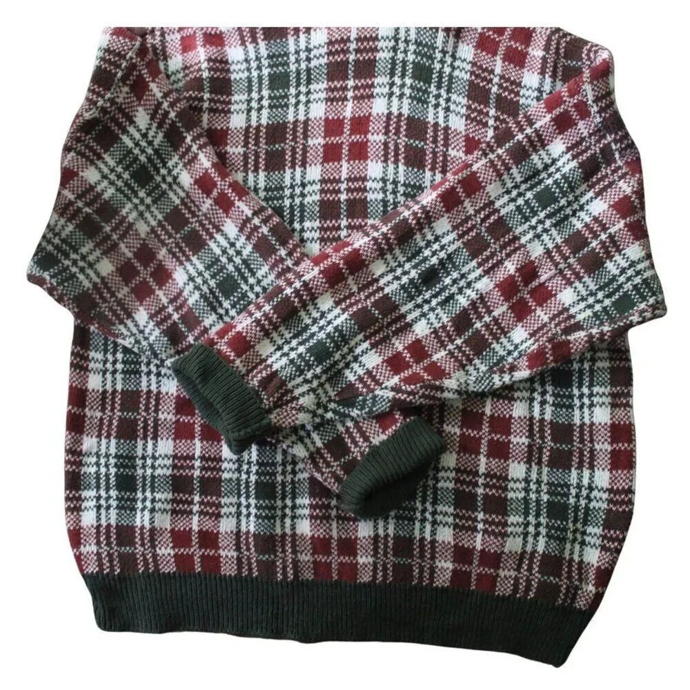 Vintage Scottish Sweater Oversized Plaid Cotton Knit Ribbed Cuffs Grandpacore